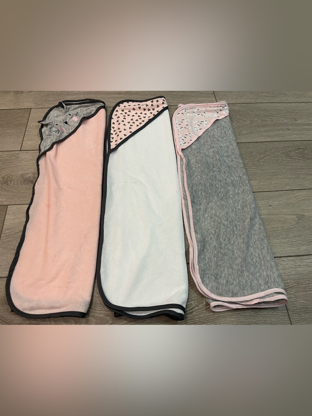 Baby Hooded Towel Trio - Pink, White & Gray